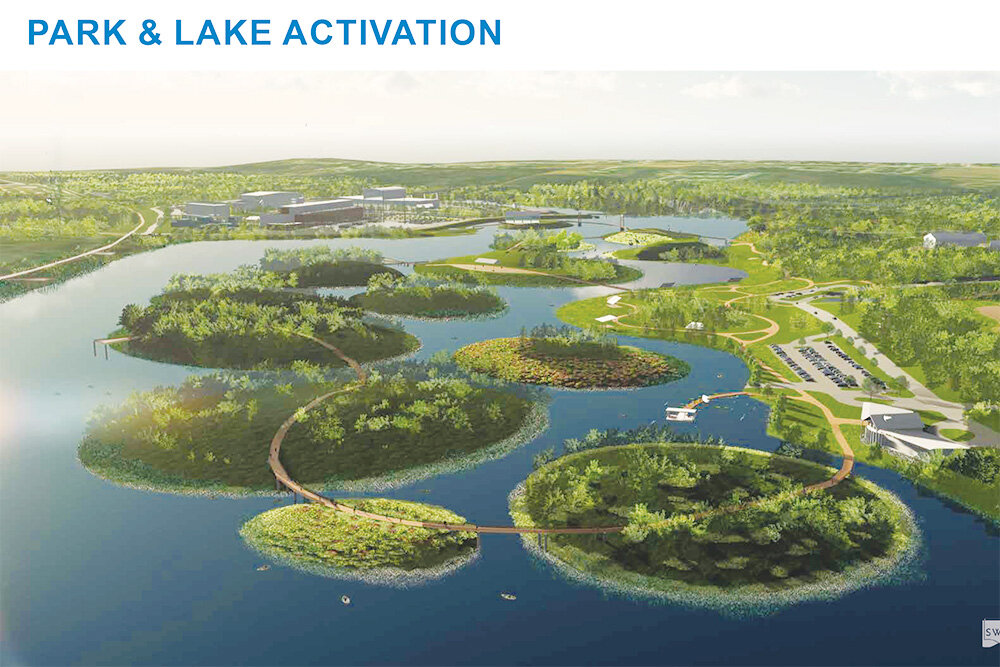 ECO ISLANDS: A half-million cubic yards of silt in Lake Springfield would be dredged into a set of islands – called eco islands in the proposal – and connected by 3 miles of boardwalk trail.
